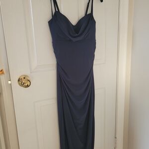 le chateau Strapless Cowl Neck Navy Blue Gown